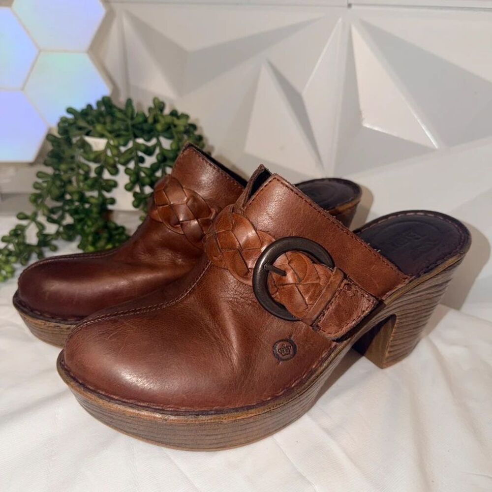 Børn Mahal Brown Leather Braided Buckle Strap Clog Mules - Size 8 / 39